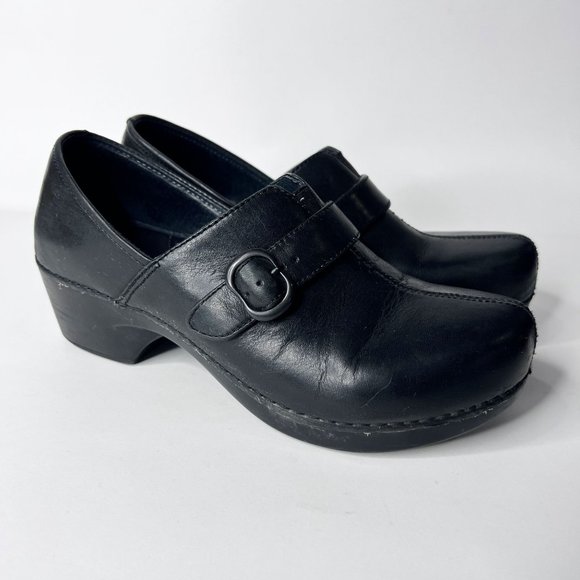 Dansko Shoes - Dansko Clogs Heel Black Leather Shows Comfort Slip On w/ Buckle Women's 38 7.5-8
